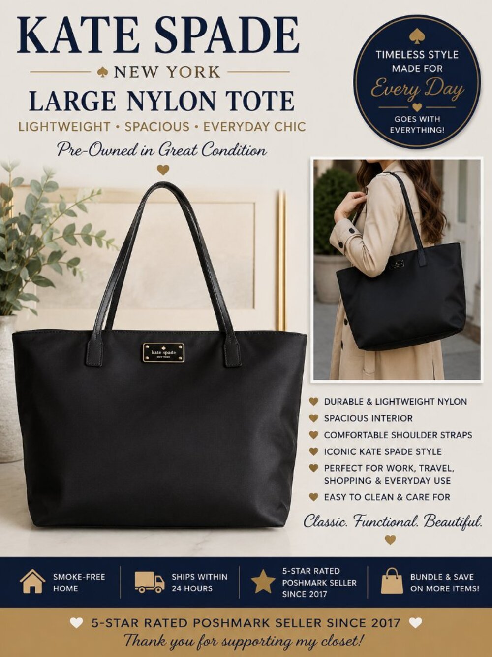 Kate Spade New York Black Nylon Large Tote Bag Shoulder Purse Gold Hardware